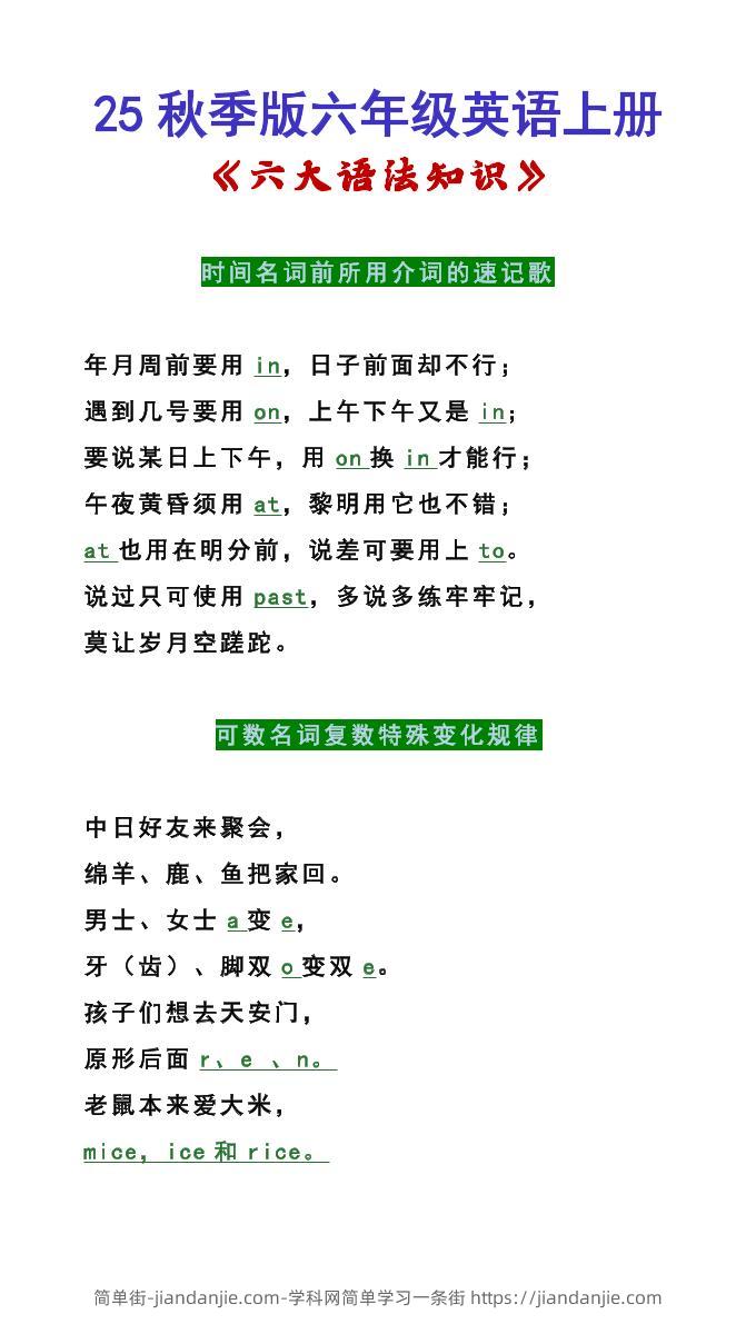 【2025秋新版】六年级英语上册《六大语法知识》-简单街-jiandanjie.com