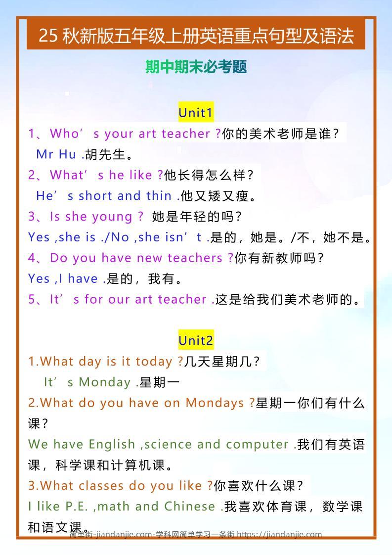 【2025秋新版】五年级上册英语重点句型及语法-简单街-jiandanjie.com