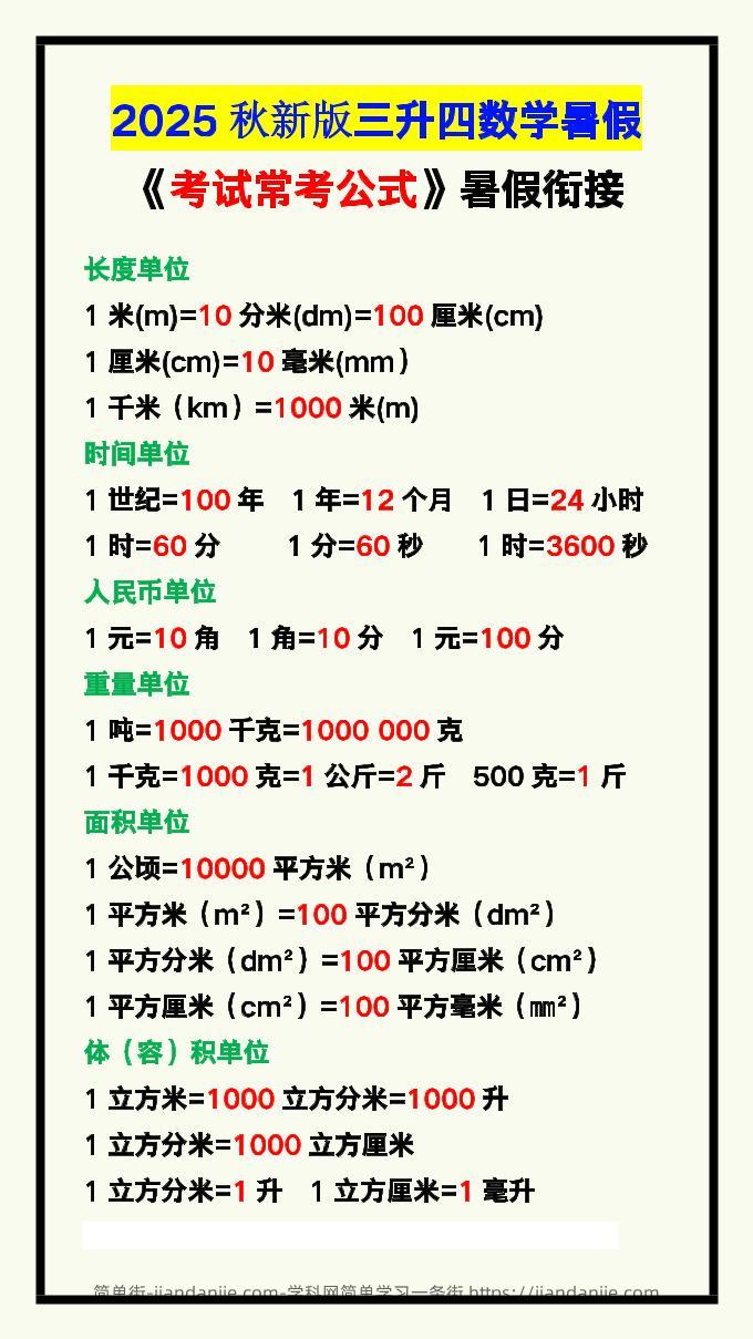 【2025秋新版】三升四数学暑假《考试常考公式》大汇总-四上数学-简单街-jiandanjie.com