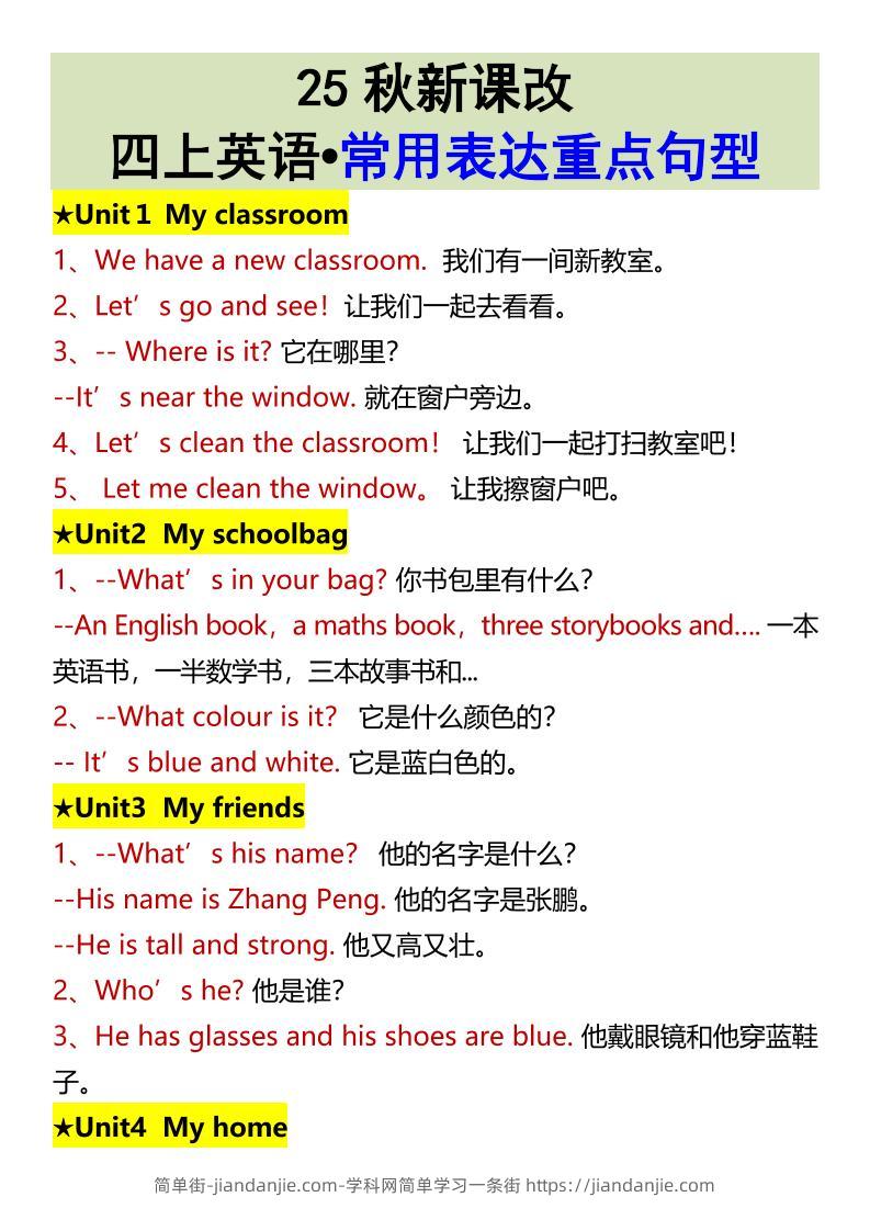 【2025秋新版】四上英语•常用表达重点句型-简单街-jiandanjie.com