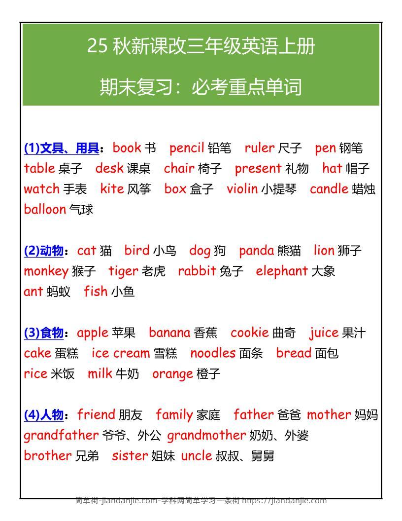 【2025秋新版】三年级英语上册期末必考重点单词汇总-简单街-jiandanjie.com