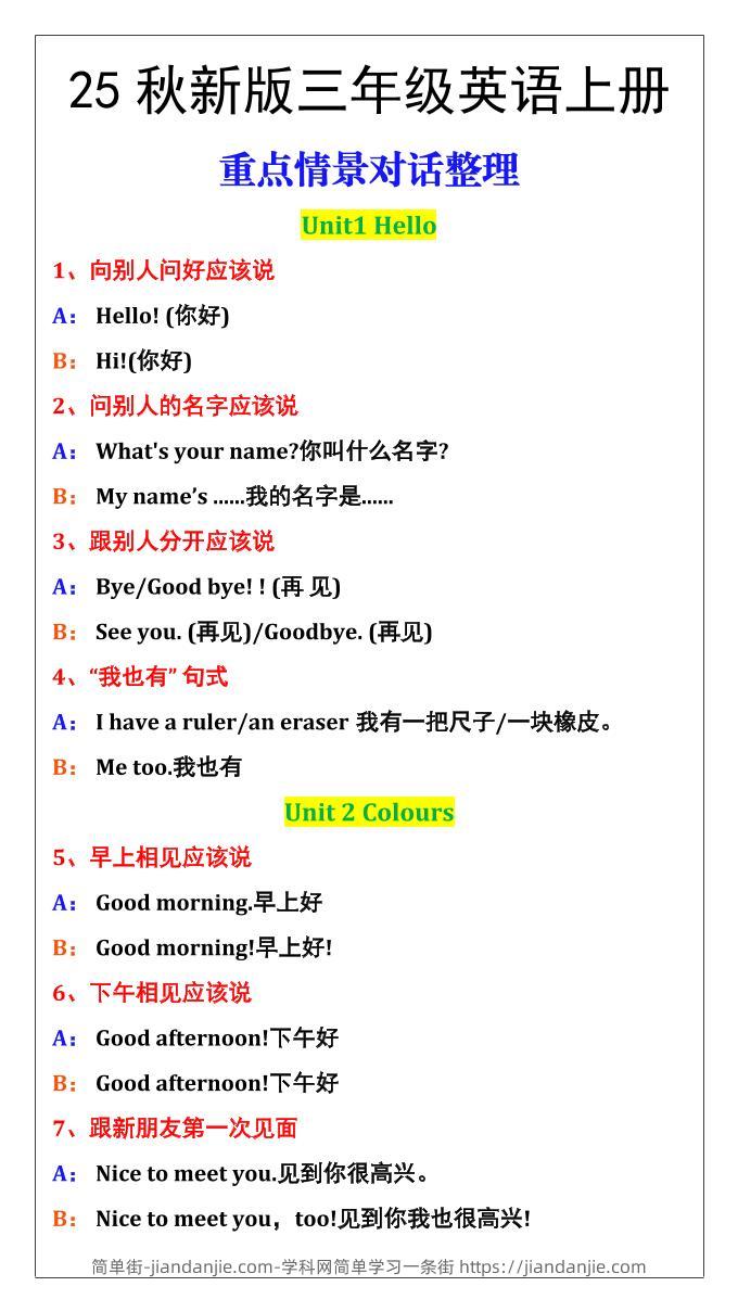 【2025秋新版】三年级英语上册重点情景对话整理汇总-简单街-jiandanjie.com