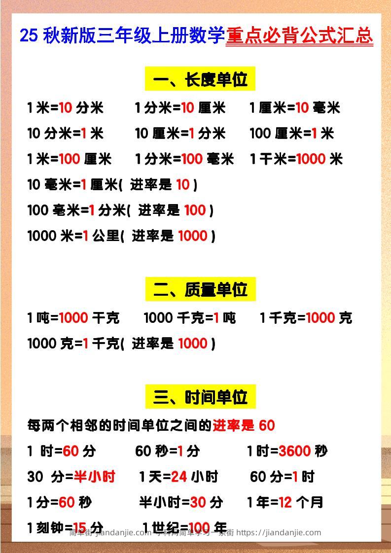 【2025秋新版】三年级上册数学重点必背公式汇总-简单街-jiandanjie.com