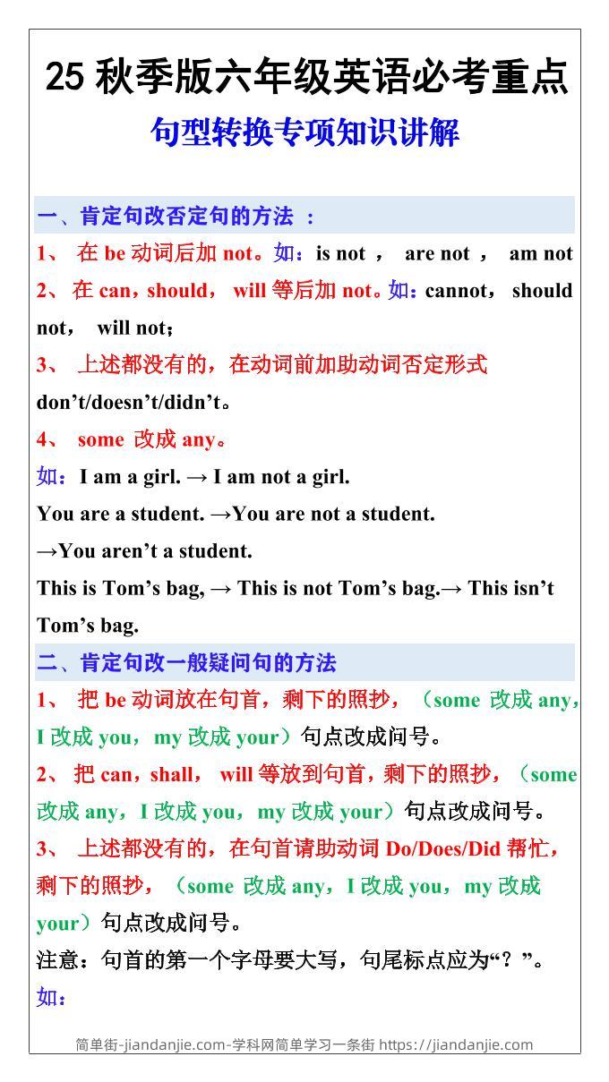 【2025秋新版】六年级英语必考重点：句型转换专项知识讲解-六上英语-简单街-jiandanjie.com