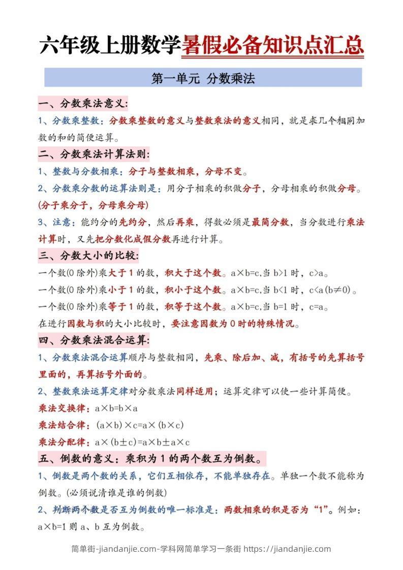 六年级上册数学暑假必备知识点汇总9页-简单街-jiandanjie.com
