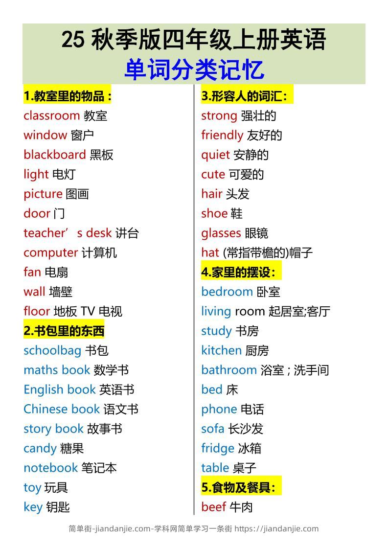 【2025秋新版】四年级上册英语•单词分类记忆-简单街-jiandanjie.com