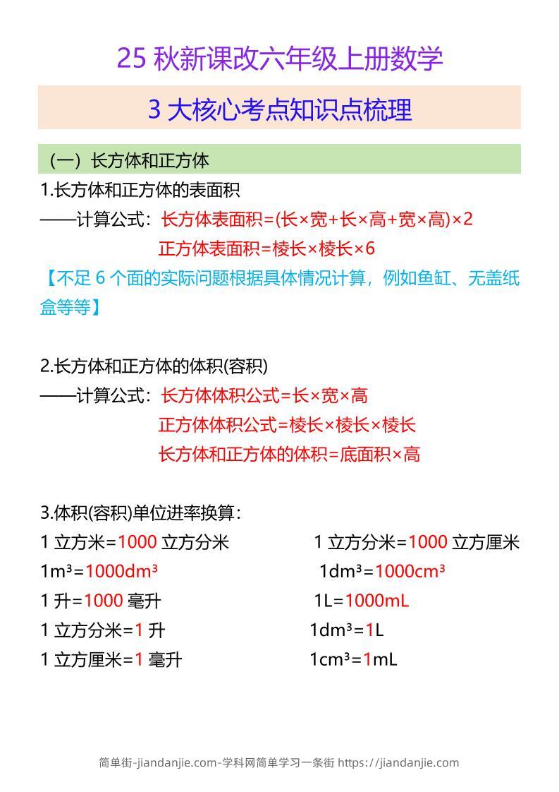 【2025秋新版】六年级上册数学3大核心考点知识点梳理-简单街-jiandanjie.com