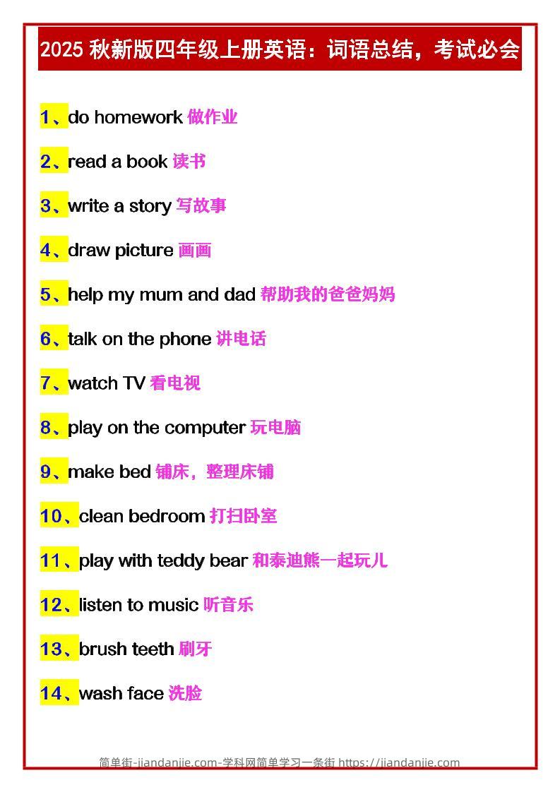 【2025秋新版】四年级上册英语：词语总结，考试必会-简单街-jiandanjie.com