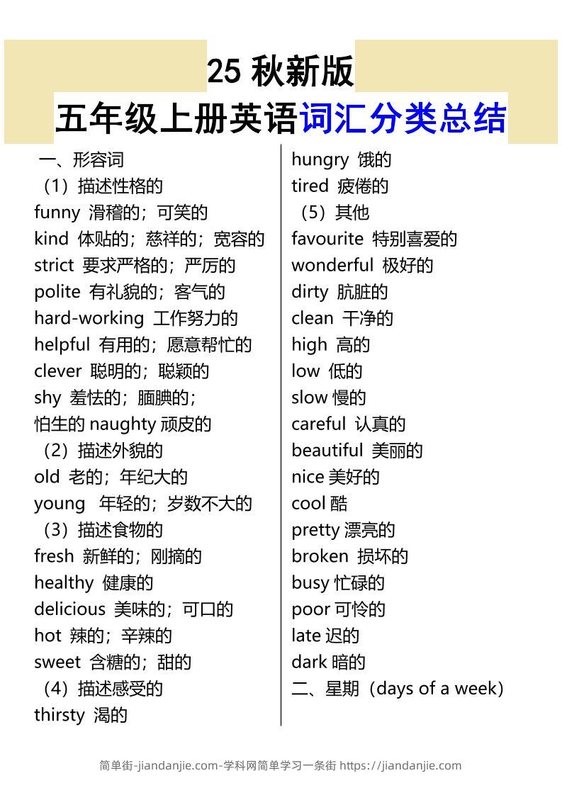 【2025秋新版】五年级上册英语词汇分类总结-简单街-jiandanjie.com