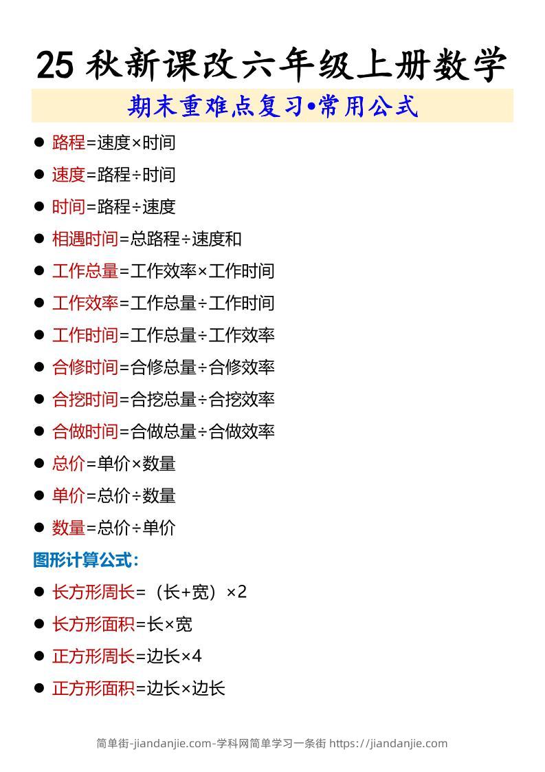 【2025秋新版】六年级上册数学期末重难点复习•常用公式-简单街-jiandanjie.com