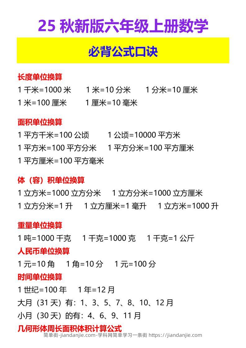 【2025秋新版】六年级上册数学必背公式口诀-简单街-jiandanjie.com