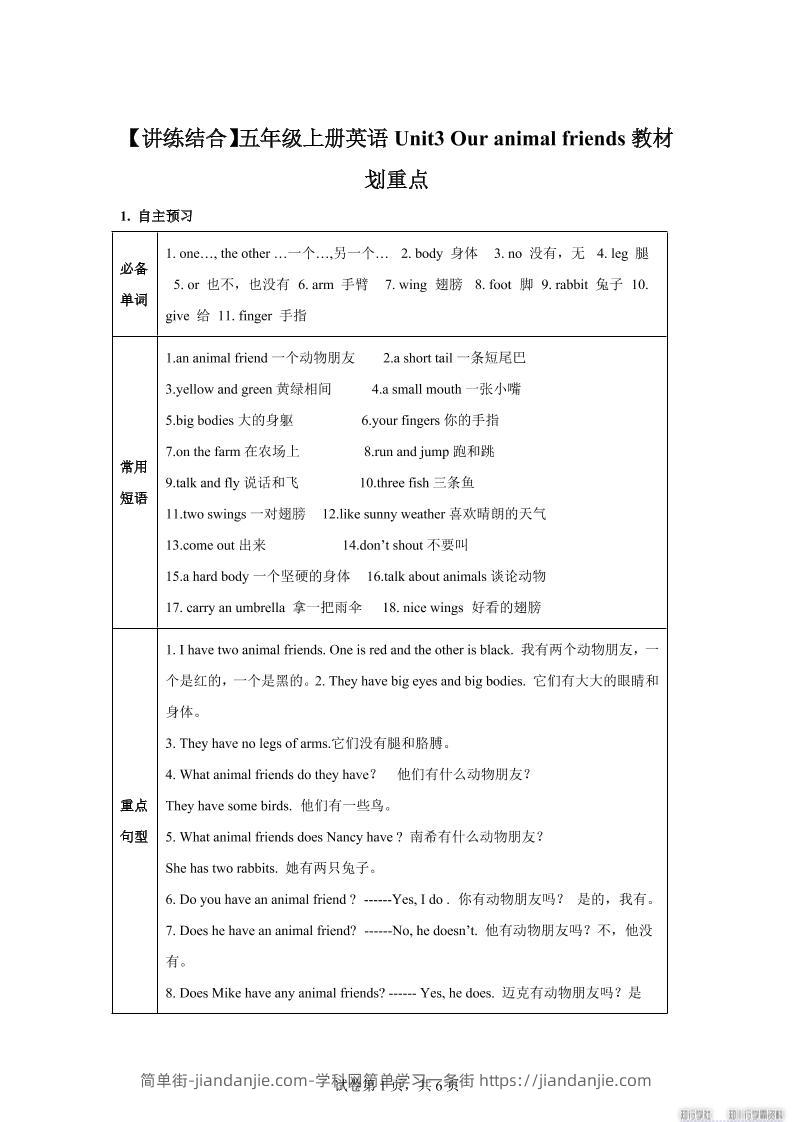 【单元热点难点】译林版（三起）英语五年级上册Unit3Ouranimalfriends教材划重点-简单街-jiandanjie.com