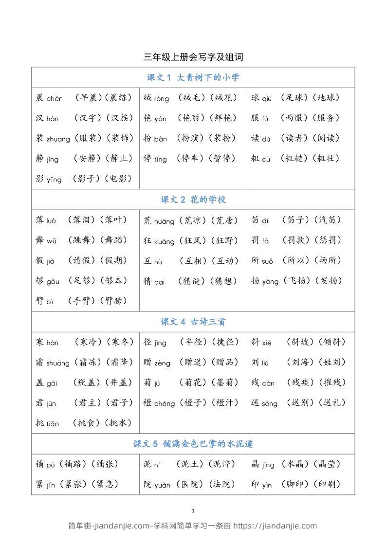 三上语文-写字表生字组词-简单街-jiandanjie.com