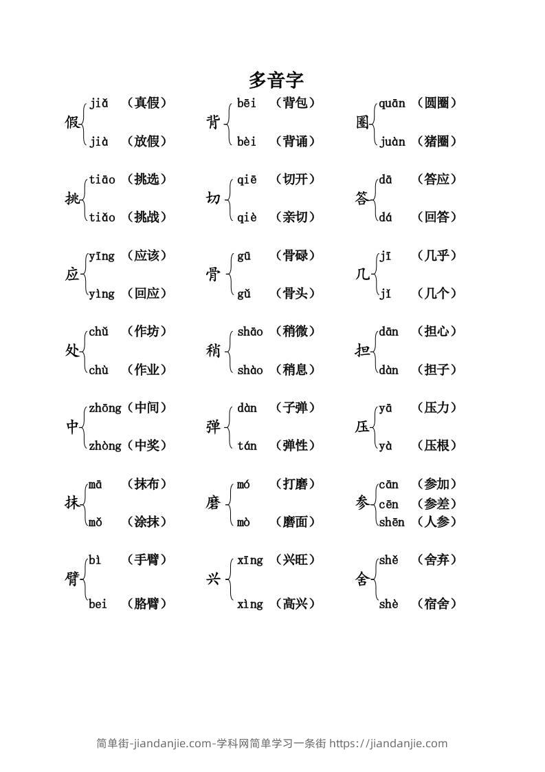 三上语文-语文：课本内多音字汇总-简单街-jiandanjie.com