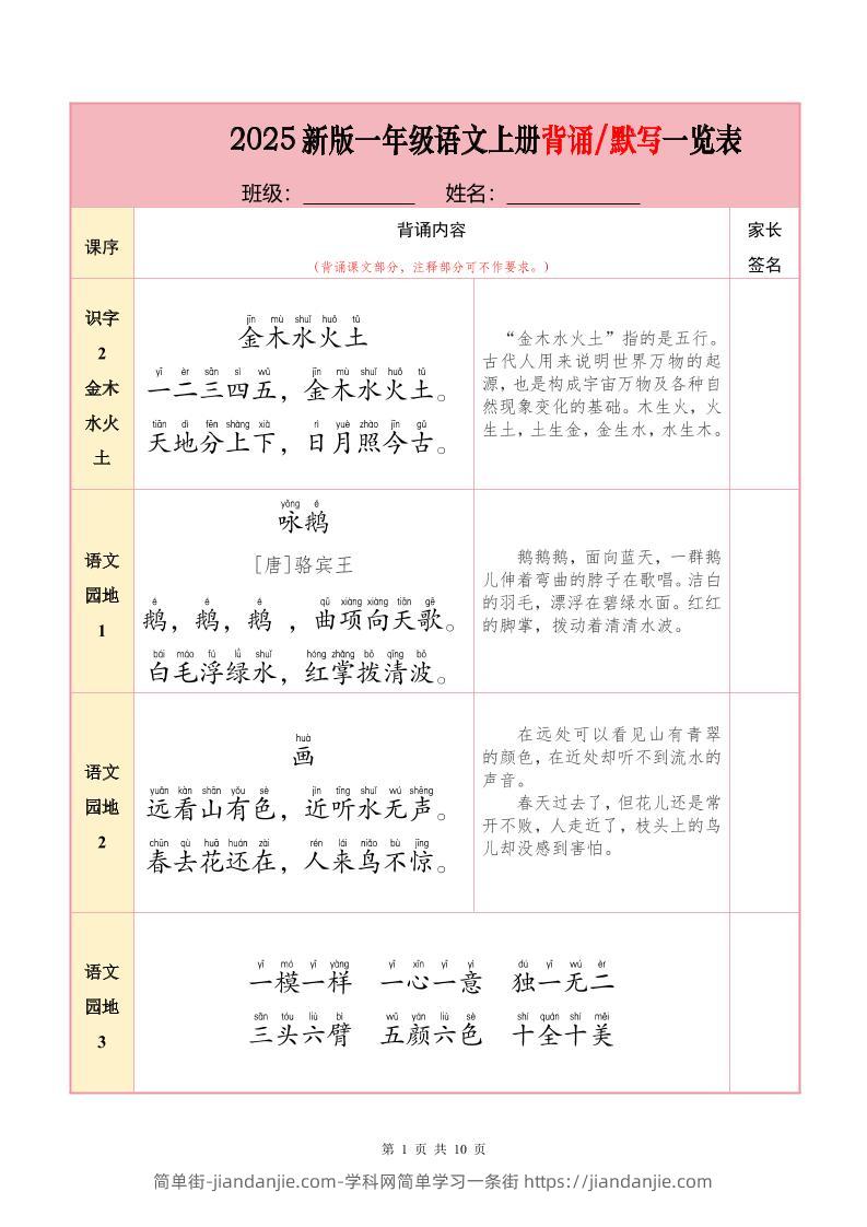 一上语文必背内容+默写表2025年9月-简单街-jiandanjie.com