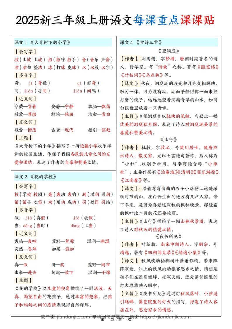 2025新三上语文每课重点课课贴（7页）-简单街-jiandanjie.com