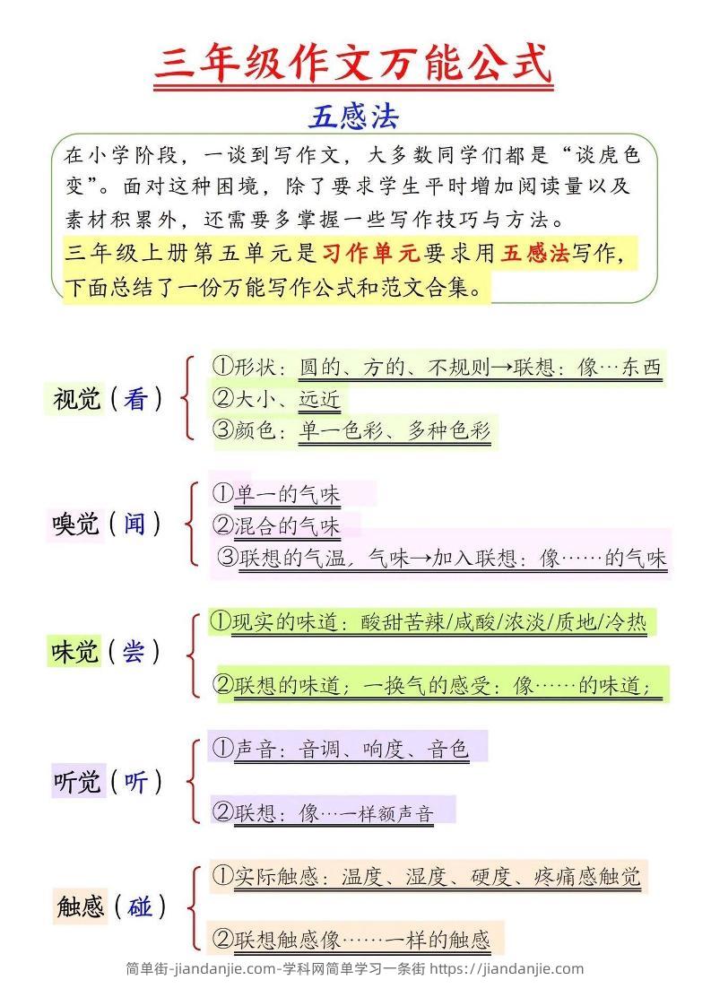 三上语文-作文万能公式五感法-简单街-jiandanjie.com