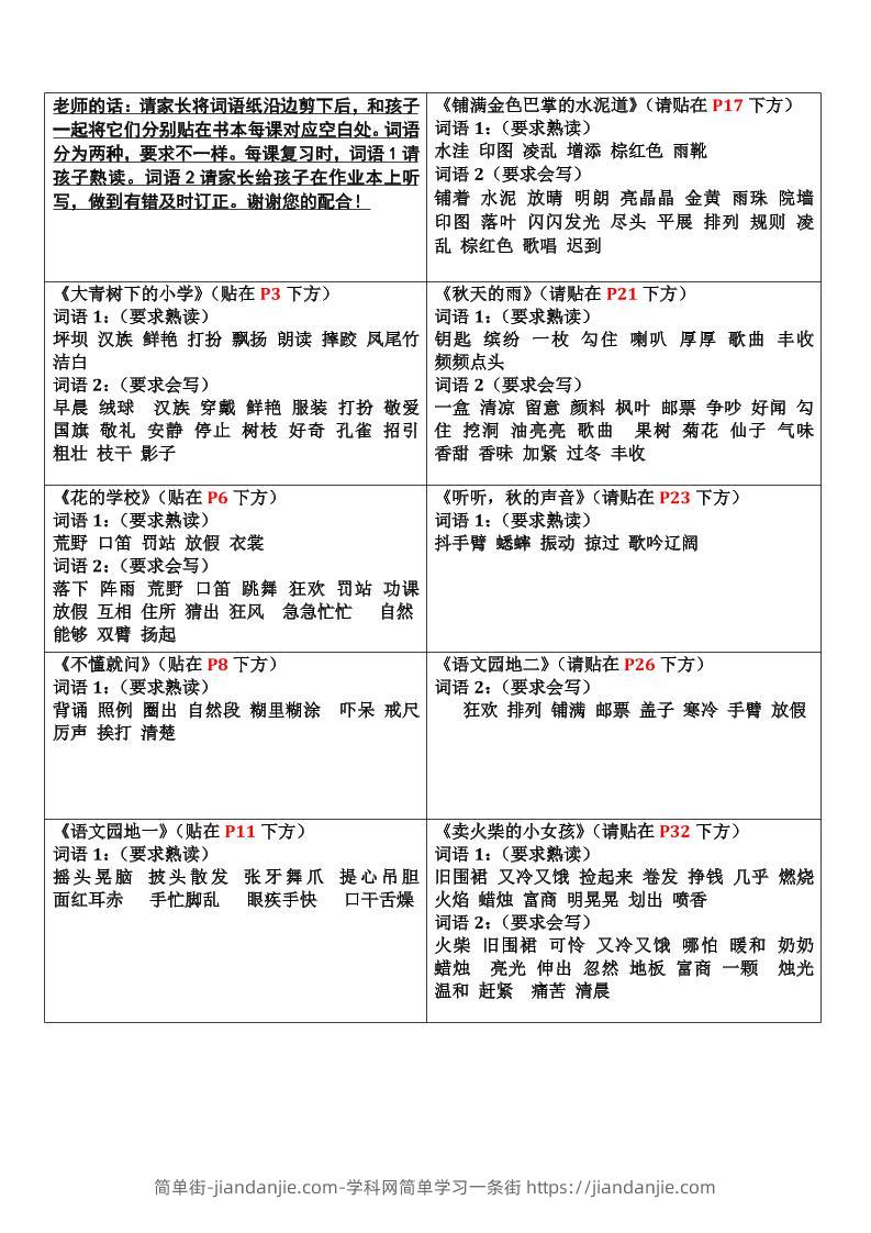 三上语文-认读词语书贴-简单街-jiandanjie.com