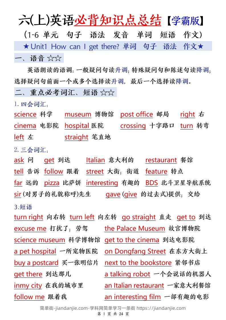 25年秋六上英语必备知识点汇总（单词+短语+句型+语法+写作）24页-简单街-jiandanjie.com