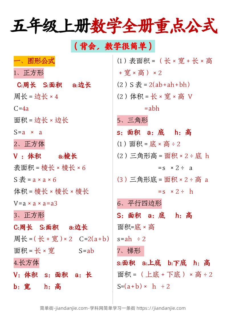 五上数学【全册重点公式】-简单街-jiandanjie.com