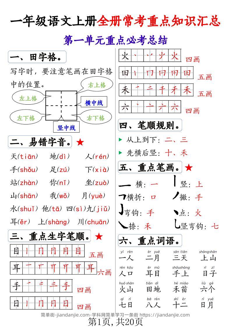 一年级语文上册全册常考重点知识汇总-简单街-jiandanjie.com