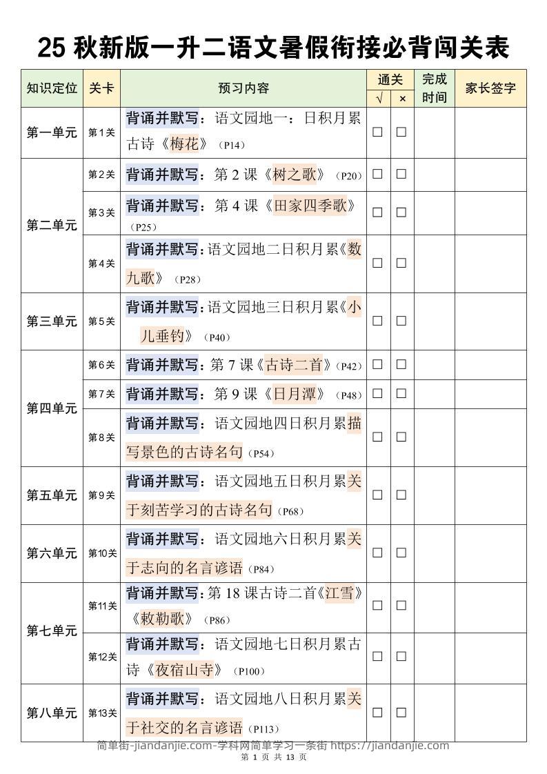 二上语文暑假衔接必背闯关表-简单街-jiandanjie.com