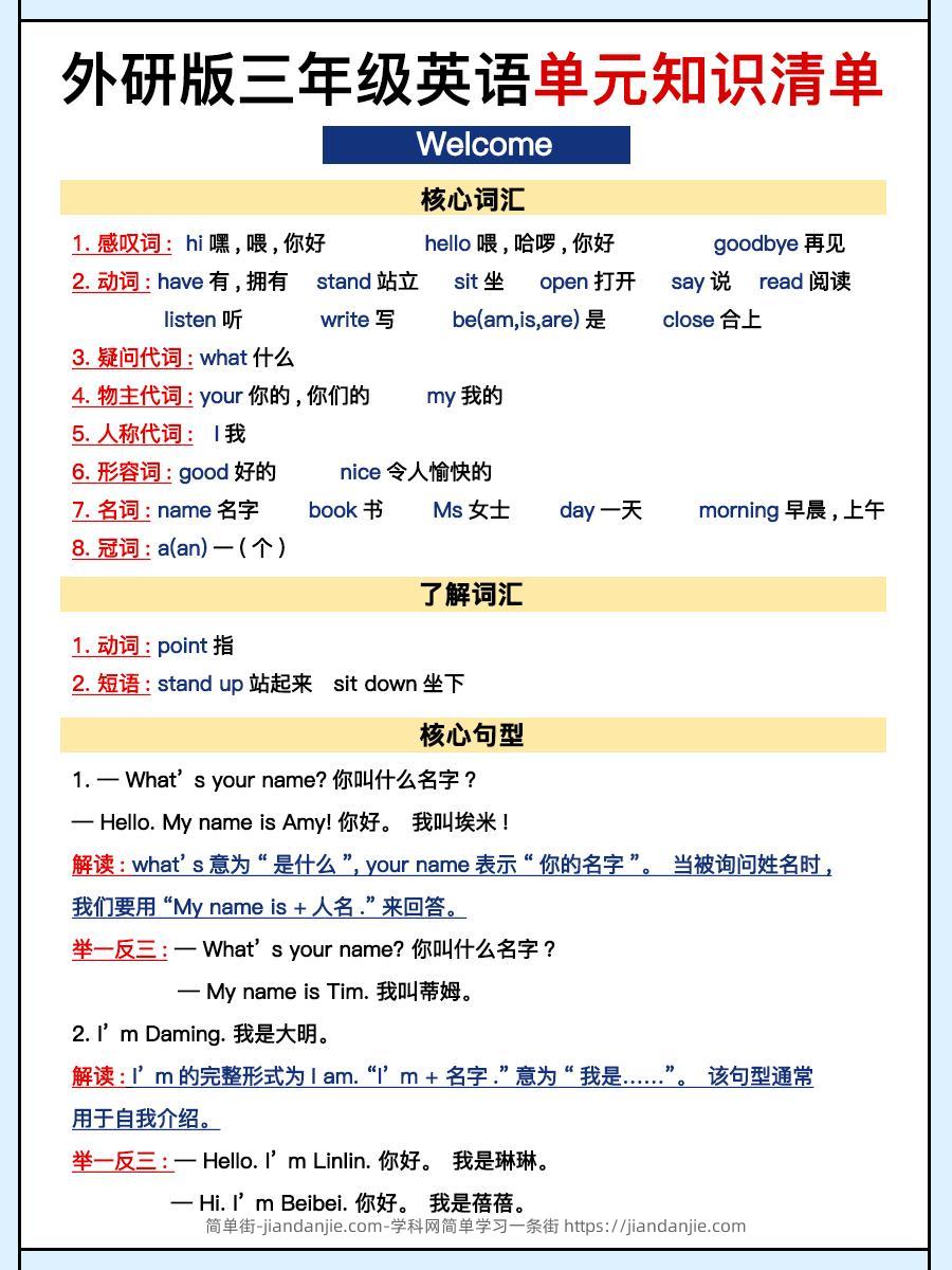 外研三上英语知识清单全-简单街-jiandanjie.com