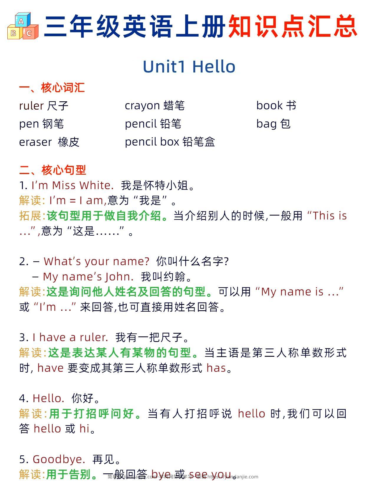 三年级英语上册知识点汇总-简单街-jiandanjie.com