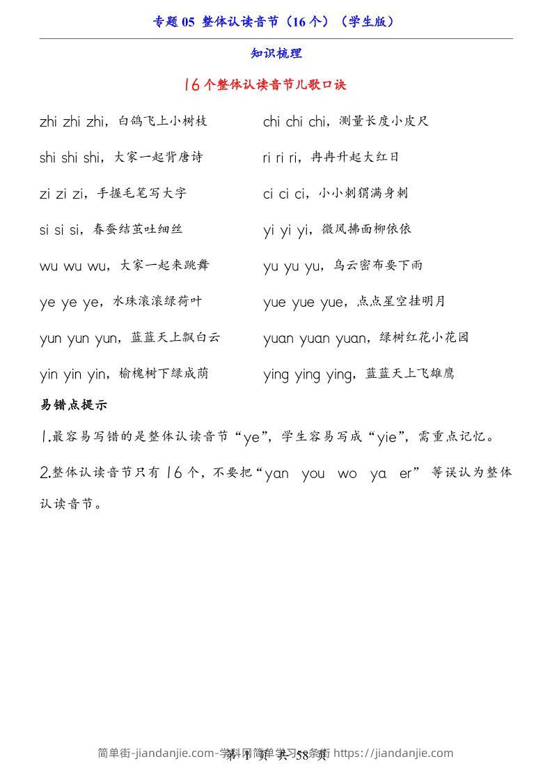 一上语文-专题05整体认读音节（16个）（知识+训练）-简单街-jiandanjie.com