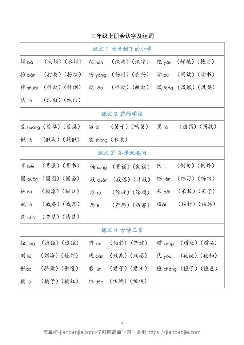 三上语文-识字表生字组词-简单街-jiandanjie.com