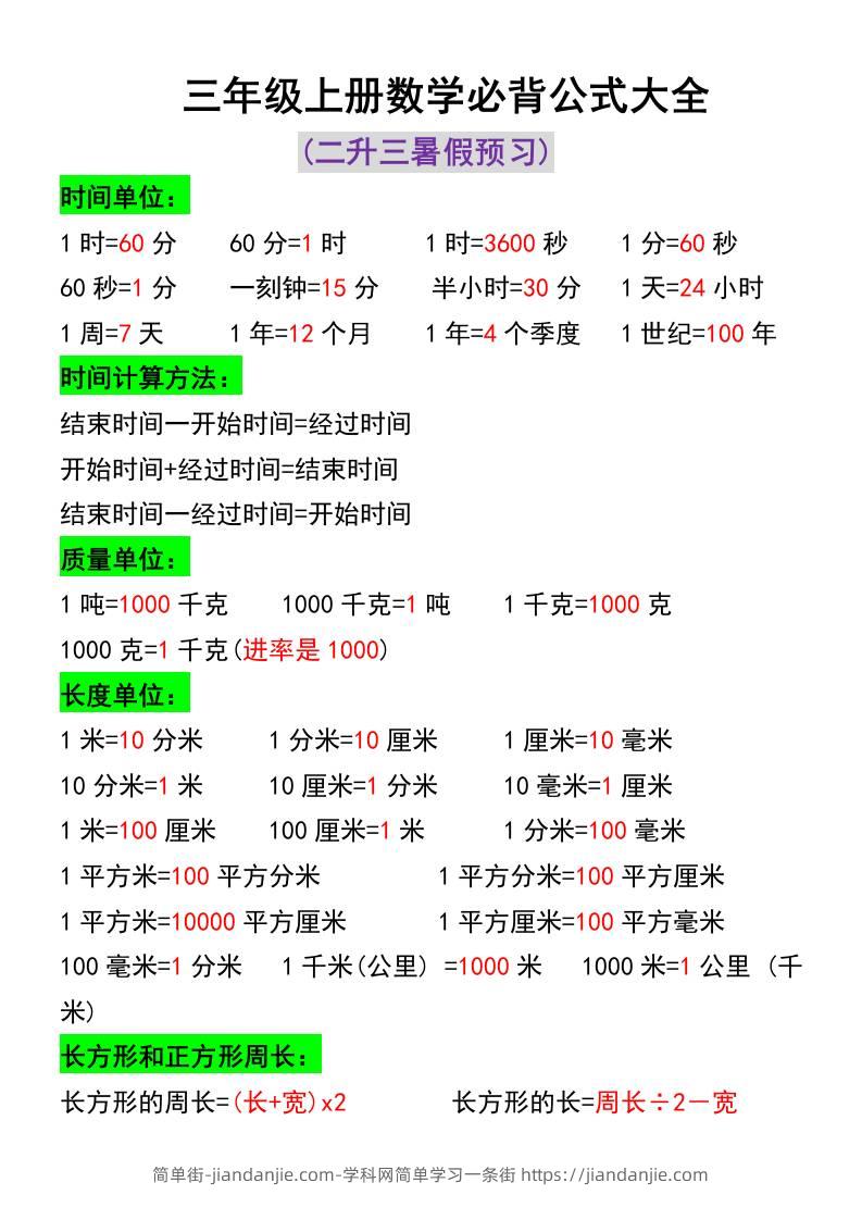 三年级上册数学必背公式大全-简单街-jiandanjie.com