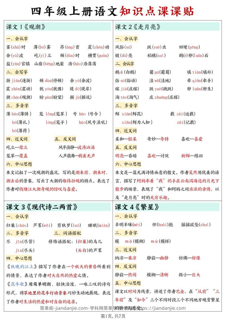 四上语文知识点课课贴7页-简单街-jiandanjie.com