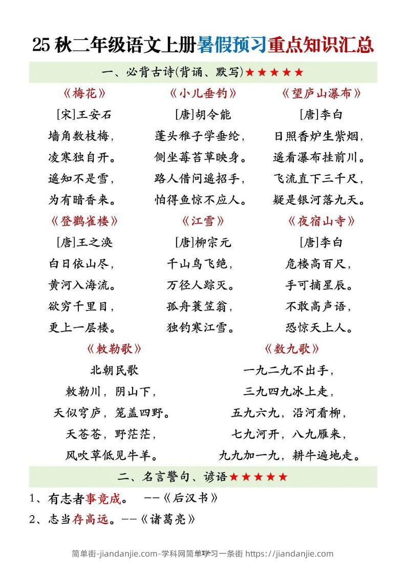 25秋二上语文暑假预习重点知识汇总20页-简单街-jiandanjie.com
