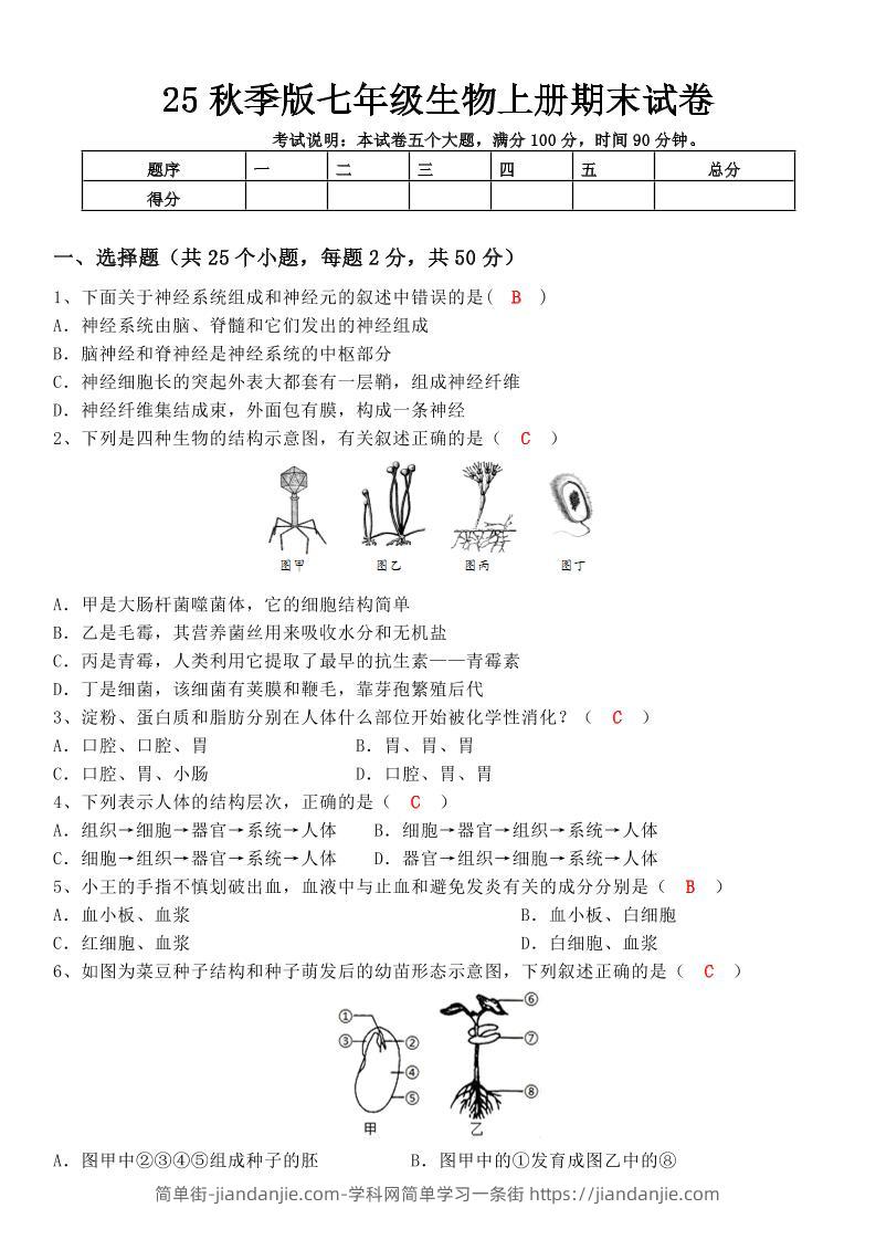 【2025秋新版】七年级生物上册期末试卷-简单街-jiandanjie.com