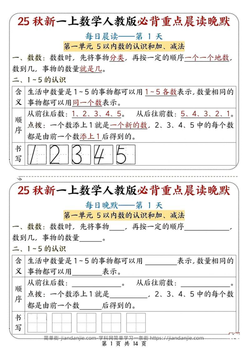 25秋新一上数学必背重点晨读晚默（人教版14页）-简单街-jiandanjie.com