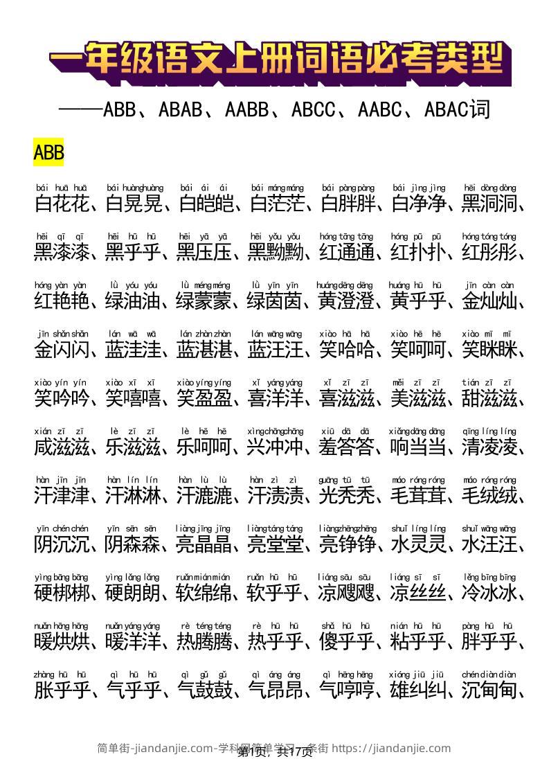 新一上语文词语必考类型(ABB、ABAB、AABB、ABCC、AABC、ABAC、ABCB类词语)17页-简单街-jiandanjie.com