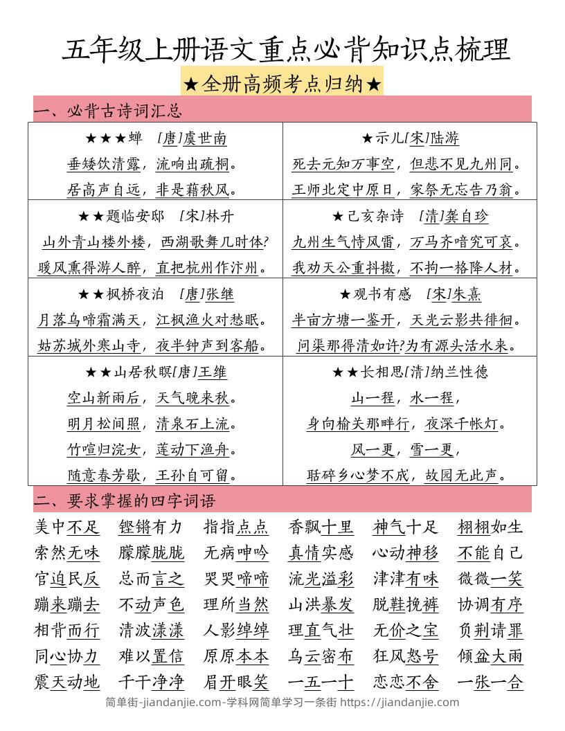 五上语文重点必背知识点梳理-简单街-jiandanjie.com