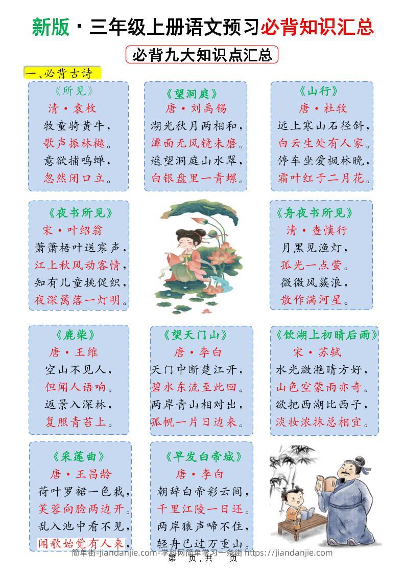 新版三上语文预习必背九大知识点汇总（15页）-简单街-jiandanjie.com