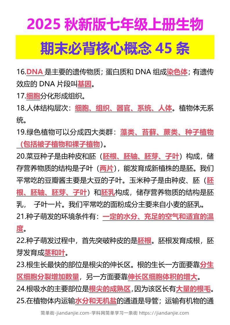 【2025秋新版】七年级上册生物期末必背核心概念45条-简单街-jiandanjie.com