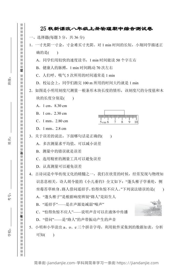 【2025秋新版】八年级上册物理期中综合测试卷-简单街-jiandanjie.com