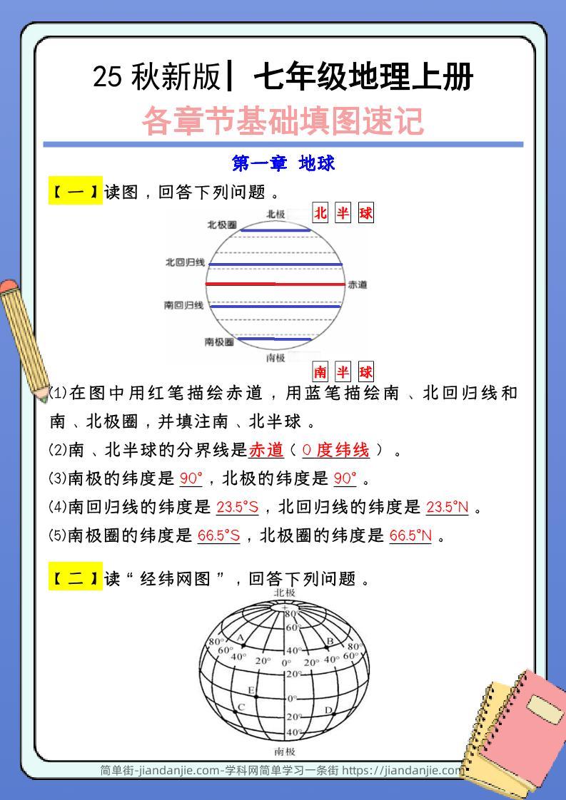 【2025秋新版】七年级地理上册:各章节基础填图速记(含答案)-简单街-jiandanjie.com