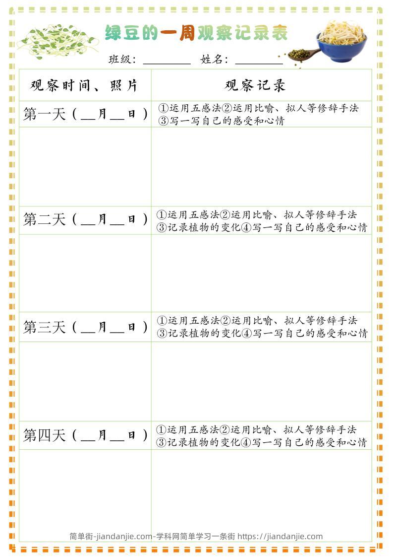 四上语文习作三：绿豆的一周观察日记1《写观察日记》9页-简单街-jiandanjie.com