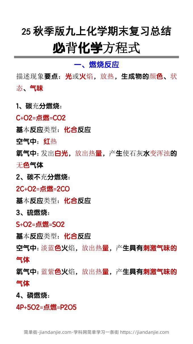 【2025秋新版】九上化学必背化学方程式-简单街-jiandanjie.com