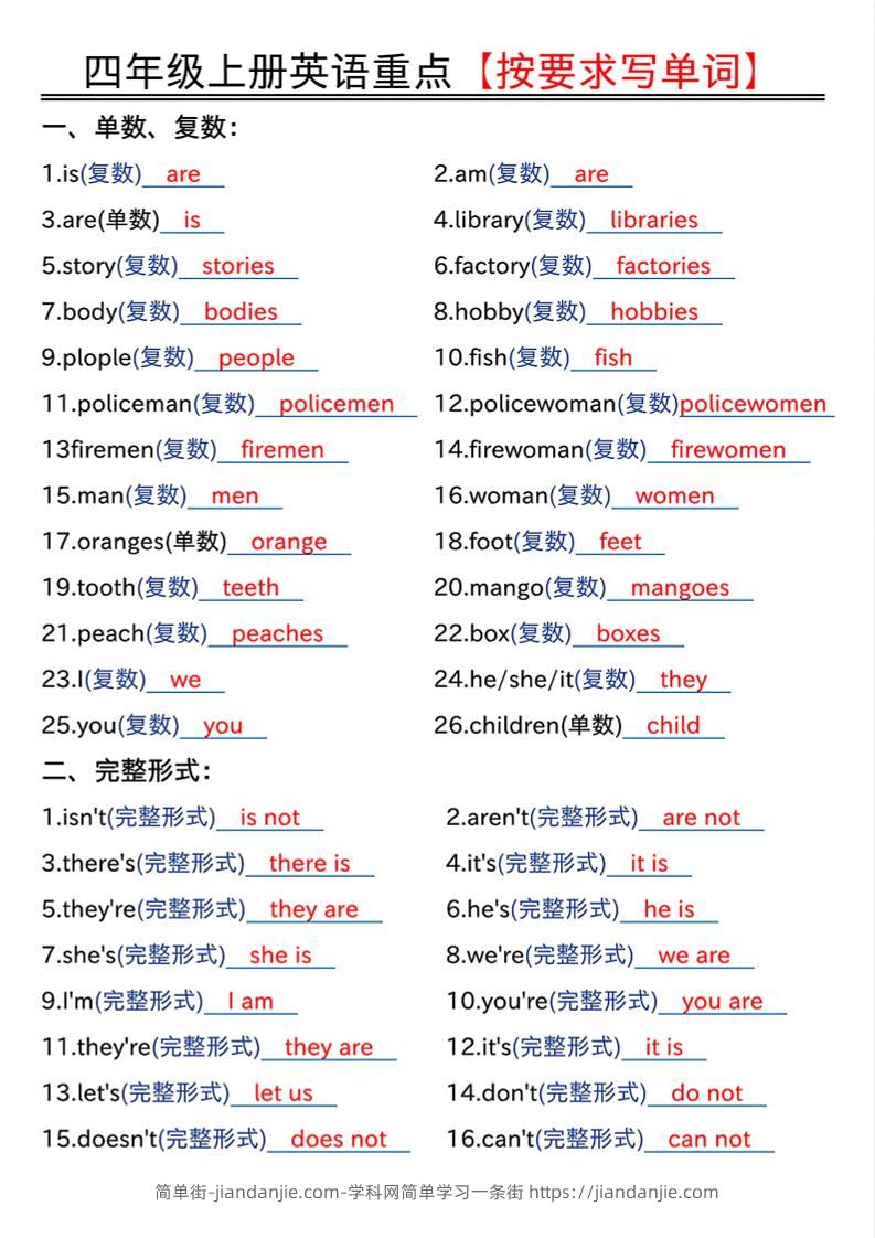 四年级上人教PEP版英语重点按要求写单词（答案）-简单街-jiandanjie.com