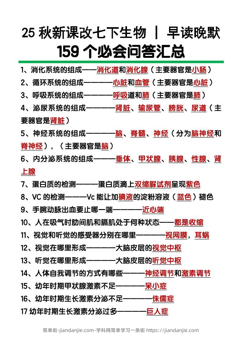 简单街-jiandanjie.com-【2025秋新版】七下生物159个必会问答汇总