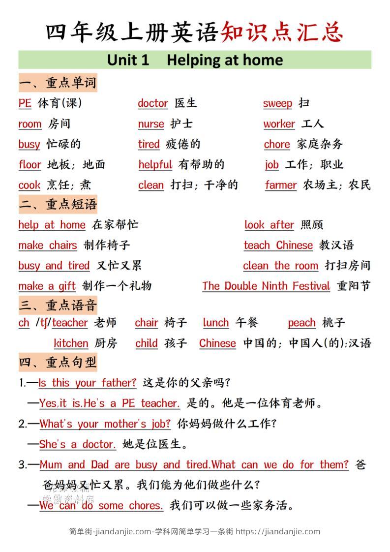 四年级上人教PEP版英语知识点汇总-简单街-jiandanjie.com