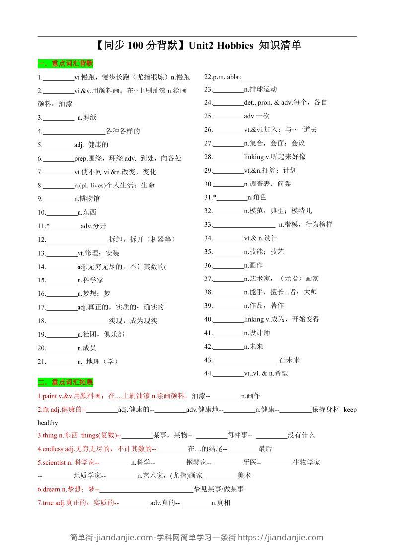 七年级上英语Unit2知识清单背默-简单街-jiandanjie.com