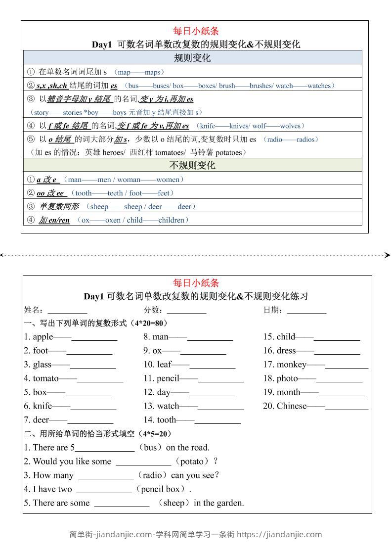 七年级上英语词语变化练习34天-简单街-jiandanjie.com