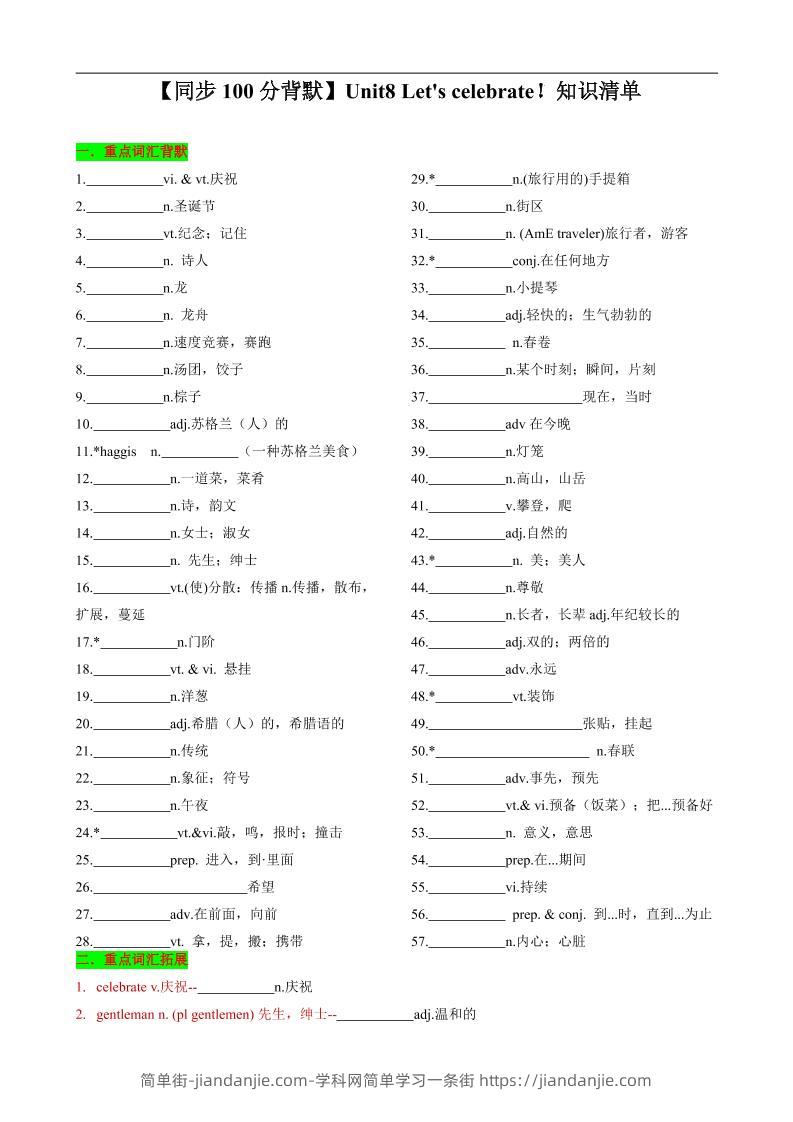 七年级上英语Unit8知识清单背默-简单街-jiandanjie.com