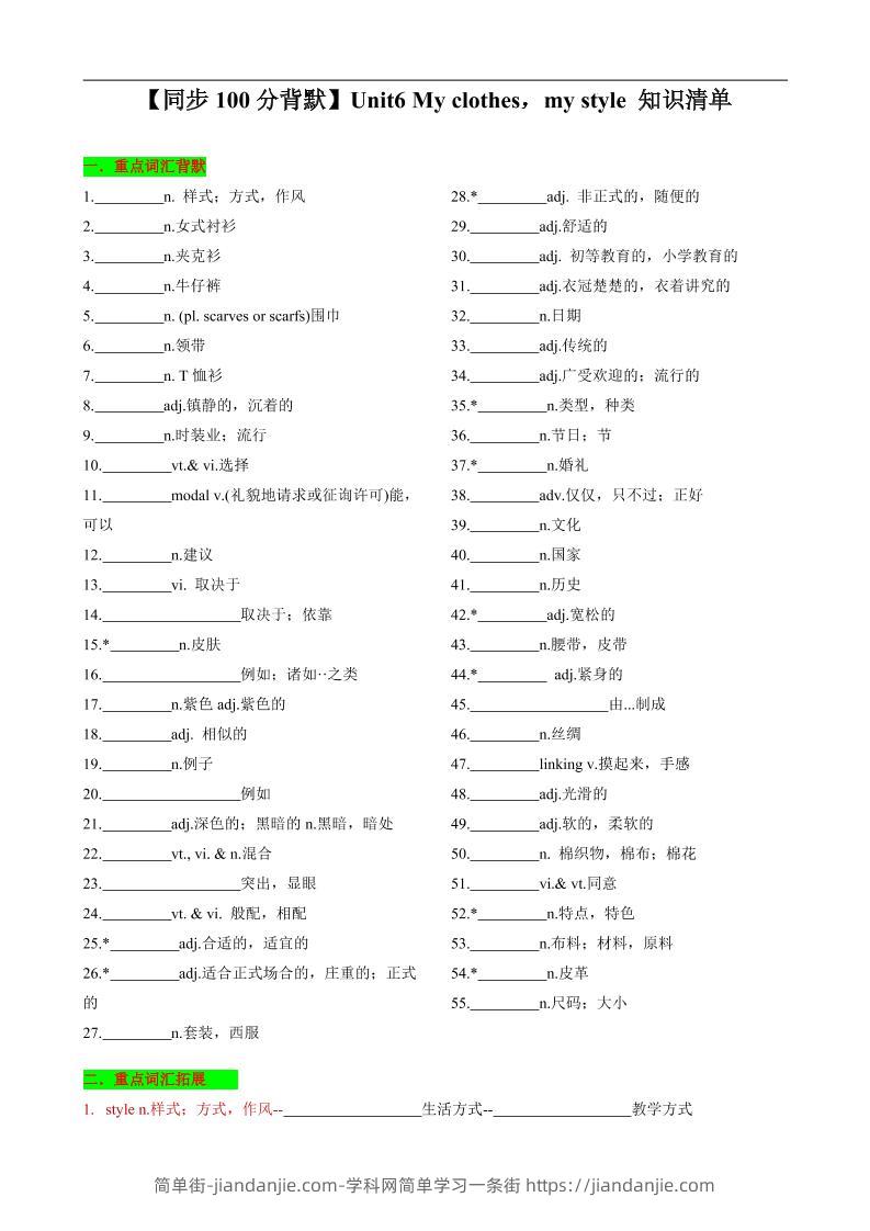 七年级上英语Unit6知识清单背默-简单街-jiandanjie.com